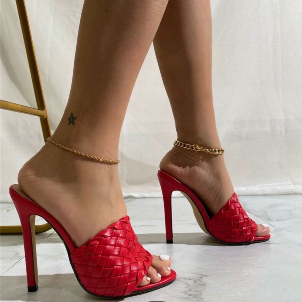 Red Woven High Heel Mules